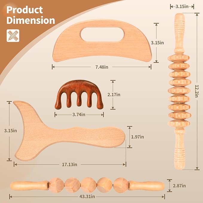 5 in 1 Wood Therapy Massage Tools Lymphatic Drainage Massager Maderoterapia Kit Wooden Massager Body Sculpting Tools for Muscle Pain Relief, Anti-Cellulite, Body Contouring and Shaping-Ruum Studio Home