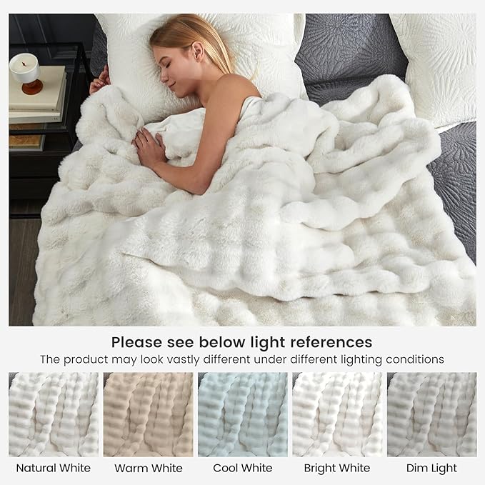 Cozy Bliss Faux Fur Throw Blanket for Couch, Fuzzy Soft Plush Thick Bubble Blanket for Sofa Bedroom Living Room, 90 * 90 Inches Cream White-Ruum Studio Home