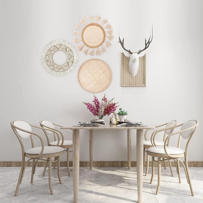 LOCS MICRAI Boho Wall Basket Decor Set of 3 - Flat Woven Basket Wall Hanging Decor,Round Tassels White Macrame Tapestry Wall Decor Art,Handmade Rattan Wicker Seagrass Home Wall Baskets Decor-Ruum Studio Home