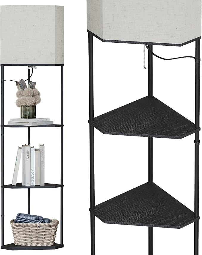 SUNMORY Sector Corner Shelf Lamp 3 Color Temperatures LED Bulb,Corner Lamps with Linen Lampshade, Floor Lamps for Living Room, Bedroom, Study, Black Standing Lamp with Shelves-Ruum Studio Home