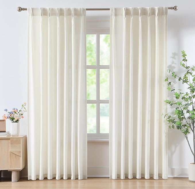 FMFUNCTEX Pinch Pleated Curtains 84 Inches Long for Living Room, Ivory Semi Sheer Faux Linen Textured Pleat Drapes for Bedroom with Hooks, Light Filtering Farmhouse Window Drapes 2 Panels-Ruum Studio Home
