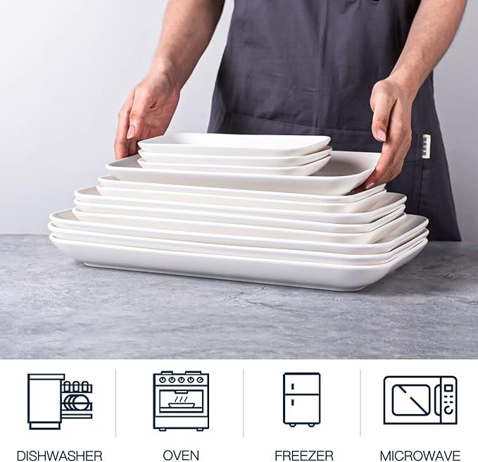 DELLING Large Serving Platter Set 12in White Rectangular Serving Plates/Salad Dish - Big Serving Trays for Parties Meat, Sushi, Dinner Plate Oven Safe Dinnerware Set of 3-Ruum Studio Home