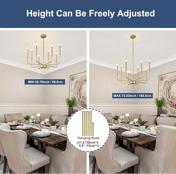 Modern Gold Farmhouse Chandeliers, 8-Light Industrial Metal Chandelier Lighting, Classic Candle Hanging Pendant Light Fixtures for Kitchen Bedroom, Dining Room, Living Room,Foyer-Ruum Studio Home