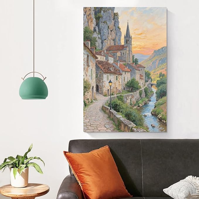 Small town scenery poster on the bank of the mountain stream is suitable for living room bedroom and office natural oil painting poster-Ruum Studio Home