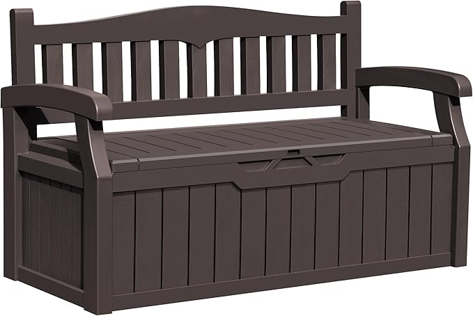 Greesum 80 Gallon Outdoor Storage Bench, Resin Patio Furniture with Armrest,Waterproof and UV-Resistant, Perfect to Garden, Poolside and Lawn, Dark Brown-Ruum Studio Home