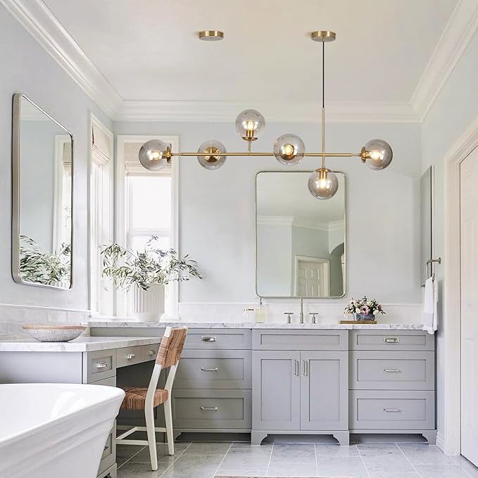 KCO Lighting 6-Light Modern Globe Sputnik Chandelier Brass Gold Linear Pendant Chandelier Lighting Smoke Glass Dining Room Chandelier Mid Century Sputnik Island Lights for Kitchen Living Room-Ruum Studio Home