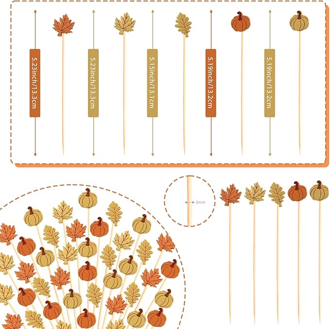 Fall Cocktail Picks Pumpkin Maple Leaf Assorted Autumn Theme Toothpicks Fruit Drinks Dessert Sticks Food Sandwich Appetizer Charcuterie Skewers, for Thanksgiving Decorations Party Supplies (100)-Ruum Studio Home
