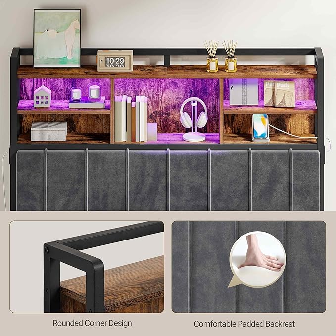 Headboard with 3-Tier Storage Shelves, Velvet Upholstered Head Board with 2 Outlets, USB Ports & LED Light, Soft Backrest for Full Size Bed, Rustic Brown and Black BH13801B-Ruum Studio Home