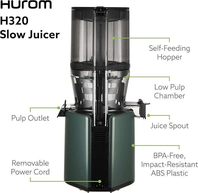 Hurom H320 Cold Press Juicer Machine, Easy to Clean Masticating Slow Juicer, Coarse Strainers, Self-Feeding, Hands Free, Family Size, Quiet Motor, Easy Assembly (Kale/Dark Green)-Ruum Studio Home
