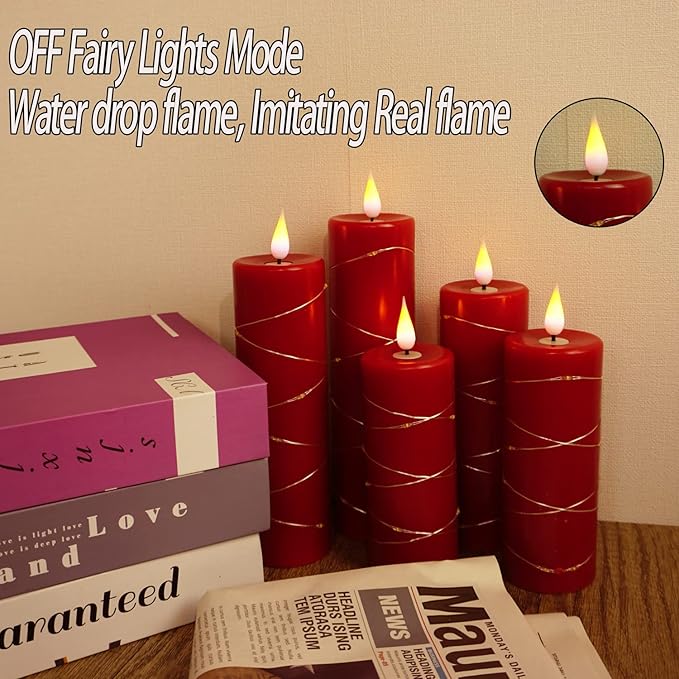 Red Flameless Candle with Remote Control LED Candle with String Lights Battery Powered Flameless Candle4'' 5'' 6'' 7'' 8'' Candles of 5 Pcs-Ruum Studio Home