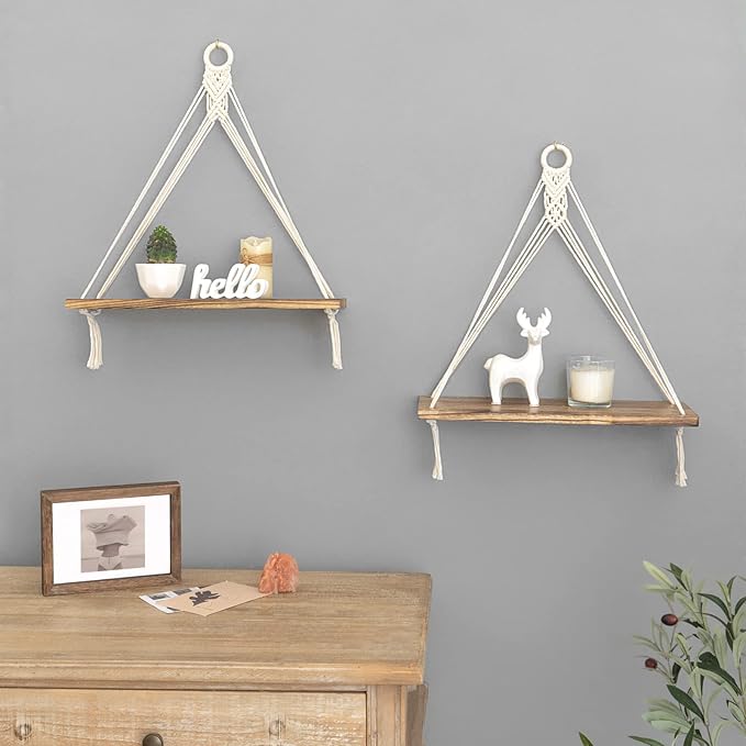 Mkono Macrame Hanging Shelves Boho Wall Decor Set of 2 Rustic Wood Floating Storage Shelf for Bedroom Bathroom Living Room Nursery Dorm Room, Display Shelving for Hanging Plants Photos-Ruum Studio Home