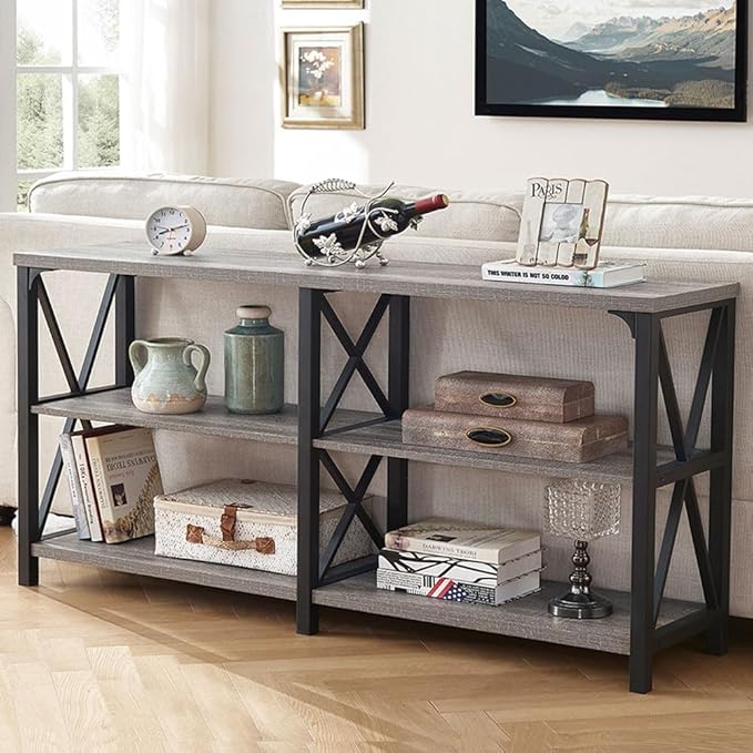 LVB Industrial Entryway Table, Farmhouse Rustic Console Table Behind Couch, Long Metal Wooden Sofa Table with Storage Shelf, Modern Foyer Hallway for Living Room Bedroom, Light Grey Oak, 63 in-Ruum Studio Home