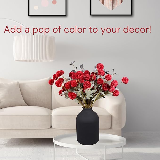 Burgundy Flowers, Maroon Artificial 10 Long Stems + Eucalyptus, Wine Colored Silk Flowers for Burgundy Decor, Fall Table Centerpieces, Dark Red Faux Mums, Thanksgiving Centerpieces For Tables-Ruum Studio Home