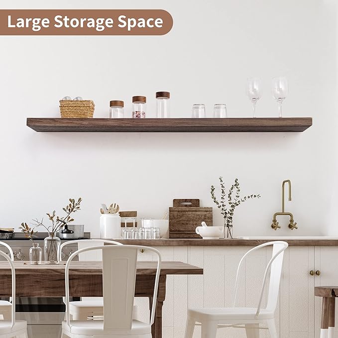 Axeman Floating Shelves for Wall, Rustic Elm Wood 48'' x 8" Deep Wall Shelf with Invisible Bracket, Large Long Wall Mounted Storage Shelves for Living Room, Bedroom, Kitchen, Bathroom Decor, Walnut-Ruum Studio Home