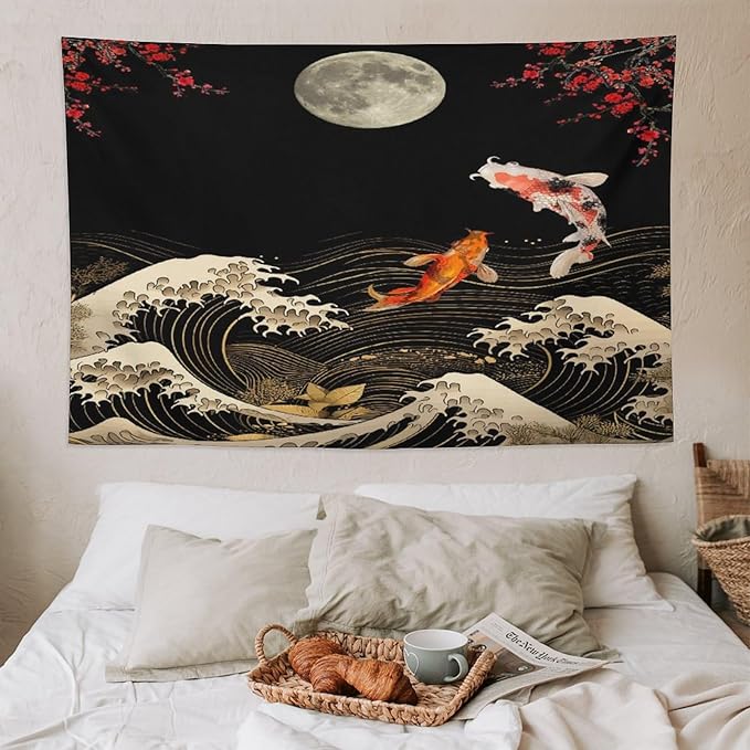 Houselerax Koi Fish Tapestry, Japanese Style Yin Yang Big Wave Cherry Blossom Tapestries Wall Hanging for Bedroom Living Room Office Decor 90"x60"-Ruum Studio Home