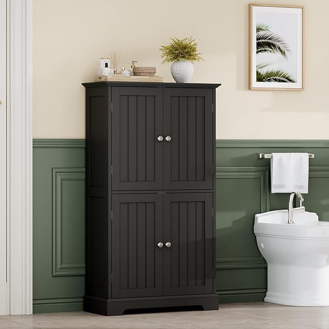 ChooChoo Bathroom Floor Cabinet, Modern Bathroom Storage Cabinet with 4 Doors and Adjustable Shelves, Freestanding Cupboard for Living Room, Black-Ruum Studio Home