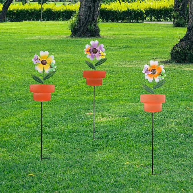 Metal Garden Stakes Decor,3 Pack Flowers Pot Decorative Garden Stakes, Waterproof Spring Outdoor Decor,Metal Flowers Garden Decor for Outside,Lawn,Yard,Pathway-Ruum Studio Home