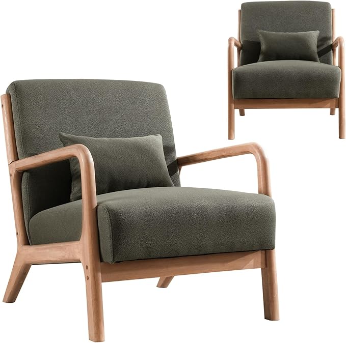 INZOY Mid-Century Modern Accent Chair Set of 2, Green Living Room Chairs with Waist Cushion, Upholstered Reading Armchair for Bedroom Sunroom-Ruum Studio Home