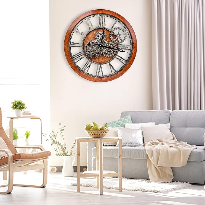The B-Style Large Wall Clock 24 inch Moving Gear Wall Clock Oversized Vintage Farmhouse Wall Clocks for Living Room Decor Rustic Industrial Wood Clock (Brown and Bronze)-Ruum Studio Home