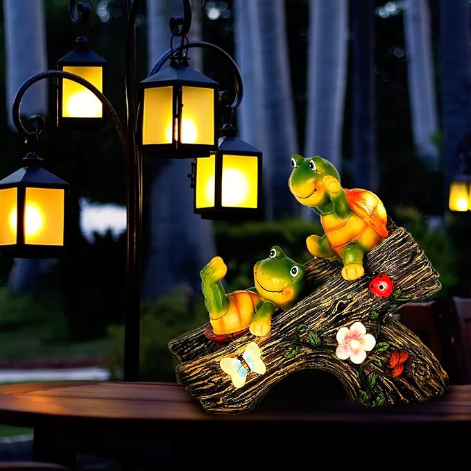 Garden Turtle Figurines Outdoor Decorations, Solar Statue Sweet Frog Face Turtles Decor with 4 LED Lights, Unique Garden Art Resin Statue Gifts for Patio Lawn Porch Yard-Ruum Studio Home