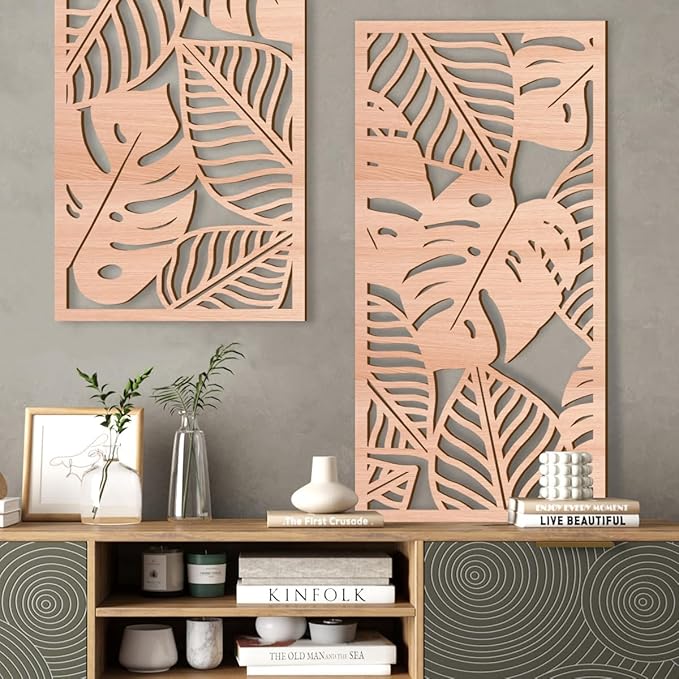 IARTTOP Leaf Wood Tropical Wall Art 15.9X32 Inch Carved Palm Leaves Wall Decor Coastal Monstera Plant Wall Sculptures for Living room Bedroom Set of 3-Ruum Studio Home