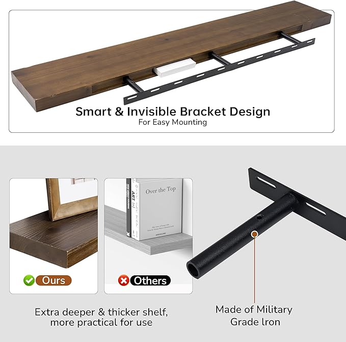 Floating Shelves for Wall, USA-Sourced Fir Wood 48 Inch Wall Shelves Set of 1, Natural Rustic Solid Wooden Floating Shelves Wall Mounted, Nursery Book Storage Shelf, Display Shelf for Bathroom-Ruum Studio Home