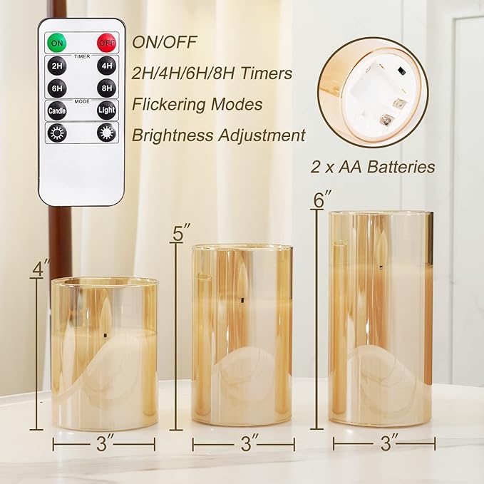 Homemory Amber Glass Flameless Candles, Battery Operated LED Pillar Candles with Remote Control and Timer, Radiance Candles, Real Wax, Set of 3,D3 xH4 5" 6"-Ruum Studio Home