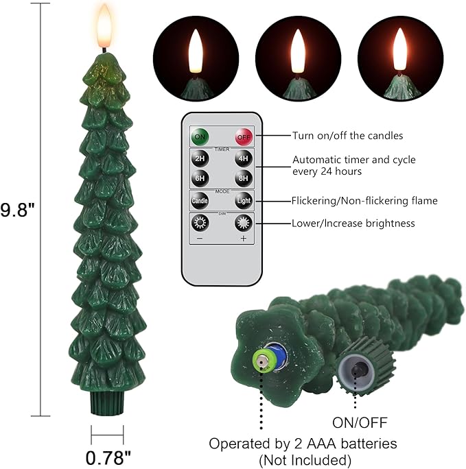 GenSwin Christmas Tree Flameless Taper Candles with Remote Timer, Christmas LED Taper Candles with 3D Flame, 4 Pcs Green LED Candlesticks for Christmas Home Decoration(0.78” x 9.8”)-Ruum Studio Home