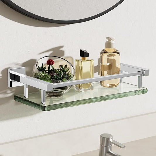Alise Glass Shelves for Bathroom Wall, Tempered Glass Bathroom Shelf Wall Mounted, Modern Space Saving Floating Shelves 12 inch, Polished Chrome-Ruum Studio Home