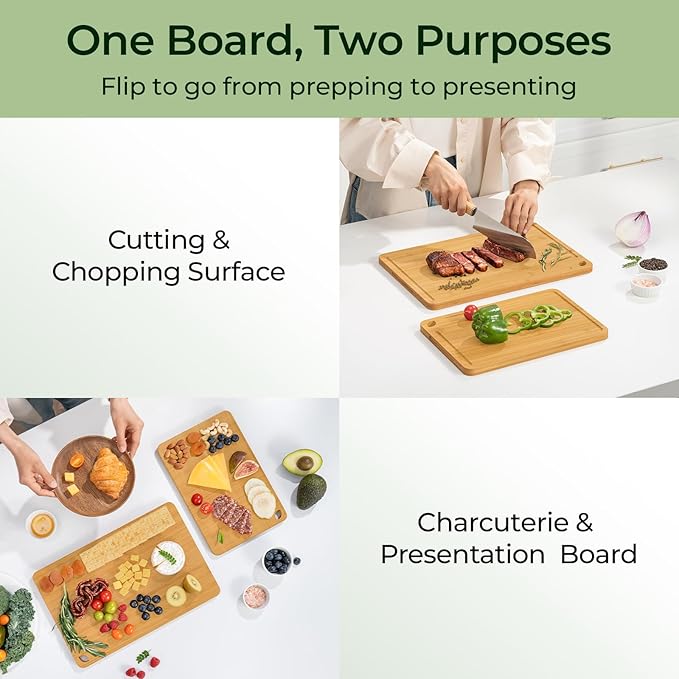 Chopping Board 2-Pcs Natural Bamboo Cutting Board With Juice Channels & Knife-Friendly Finish For Versatile Kitchen Use, Ideal Charcuterie & Chopping Multi-Use-Ruum Studio Home