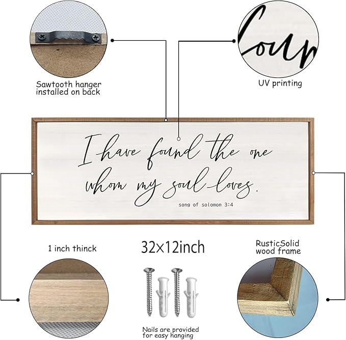 I Have Found The One Whom My Soul Loves Sign Wall Art Decor 32"x12" Modren Master Bedroom Above Bed Wood Framed Song of Solomon 3:4 Large Living Room Bible Verse Wall Hanging (Wood)-Ruum Studio Home
