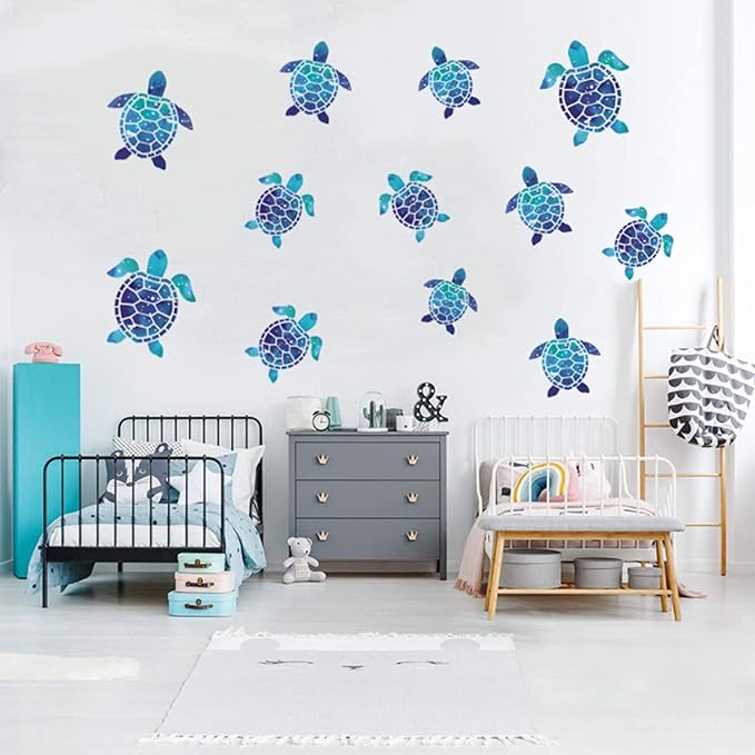 12pcs Sea Turtle Vinyl Stickers Underwater Ocean Decals Waterproof Wall Sticker Home and Bedroom Decoration, DIY Accessories, Blue-Ruum Studio Home