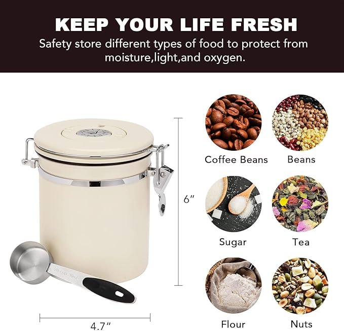 ShanSon Coffee Canister Airtight Coffee Container Stainless Steel Coffee Bean Storage Container with Scoop Coffee Canister for Beans Grounds Sugar Flour Tea Cereal,16OZ, Beige-Ruum Studio Home