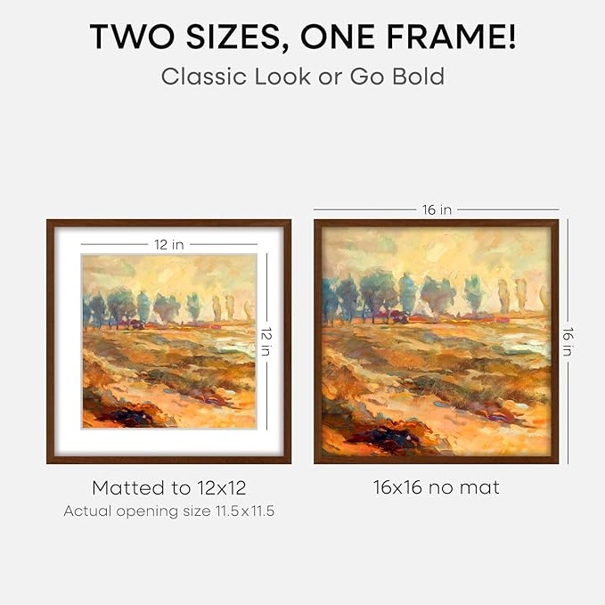 Homeforia 16x16 Brown Picture Frame, High End Dark Oak 16 x 16 Square Wood Frame with Mat 12 x 12 for Photo, 16by16 Wooden Walnut Poster Frame Matted to 12x12 Print, Tempered Glass, Wall Kit, Set of 1-Ruum Studio Home