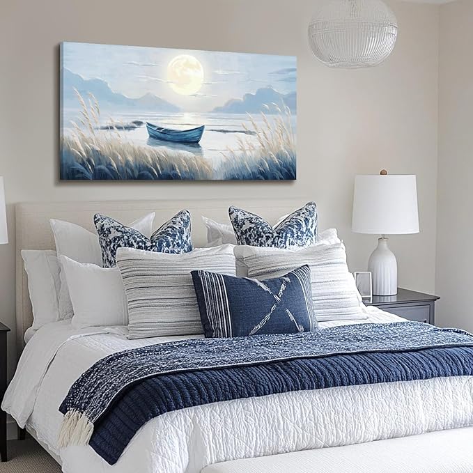 Large Wall Art for Living Room Bedroom Decor - Modern Nautical Beachy Ocean Beach Seascape Nature Artwork with Blue Boat Moon Lake Mountain Sea - Relaxing Serene Canvas Picture for Coastal Rustic Home-Ruum Studio Home