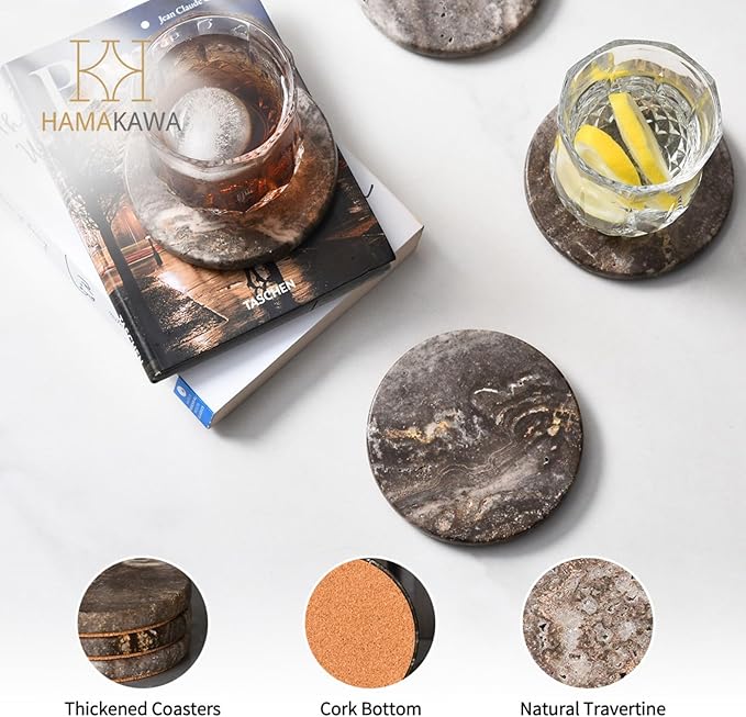 Marble Coasters Set of 4, Natural Gray Stone 4 Inch/10 cm, Modern Round Travertine Drink Coasters for Home Decor, Coffee Table, Office-Ruum Studio Home