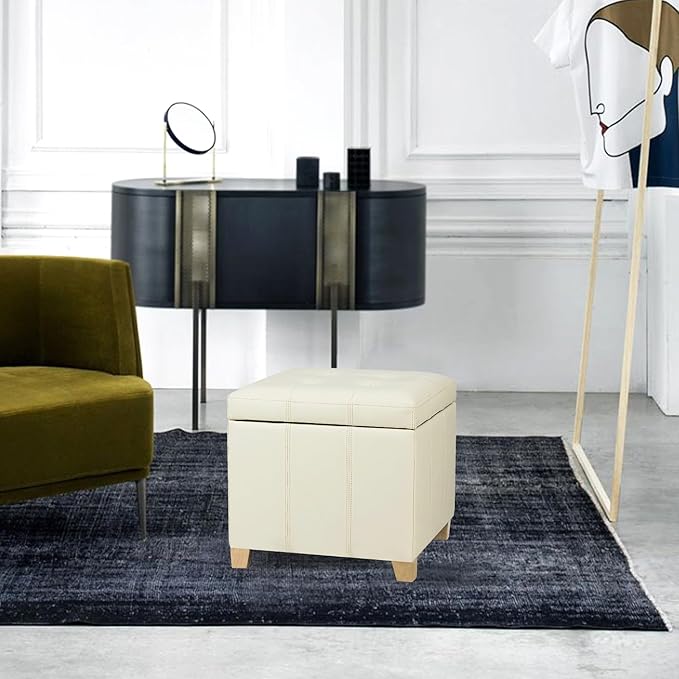 Adeco Faux Leather Storage Ottoman with Hinged Lid, 17.5 Inch High Cream White Square Cube Foot Stool with Storage, Upholstered Vanity Stool with Solid Wood Legs for Living Room, Bedroom, Dorm-Ruum Studio Home