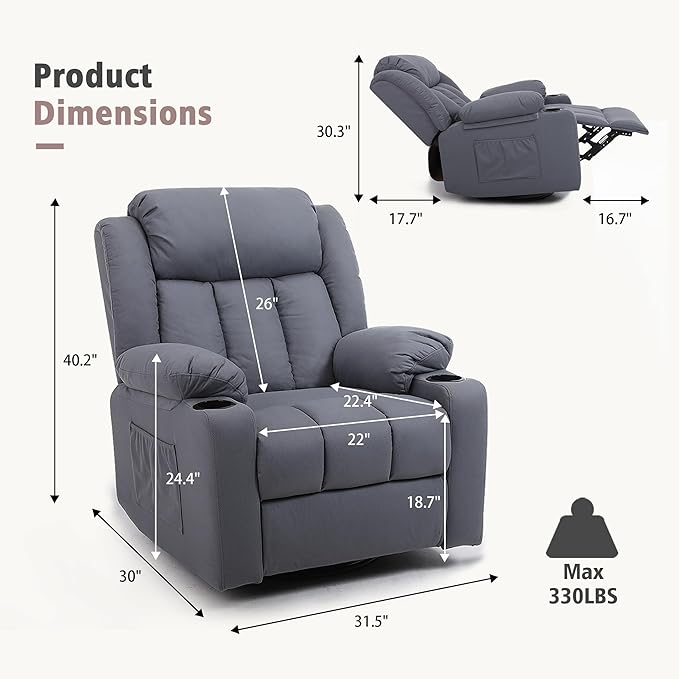 Rocker Swivel Recliner Chair for Adults, Overstuffed Large Manual Recliner Glider with Massage and Heat, Comfy Soft Fabric Living Room Reclining Sofa Chair(Technical Grey)-Ruum Studio Home