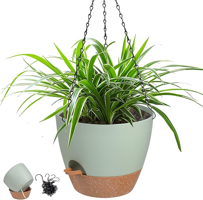 Hanging Planters for Indoor Outdoor Plants, 1 Set Self Watering Hanging Pot with Drainage Holes & Removable Tray (Green-12inch, 12'')-Ruum Studio Home