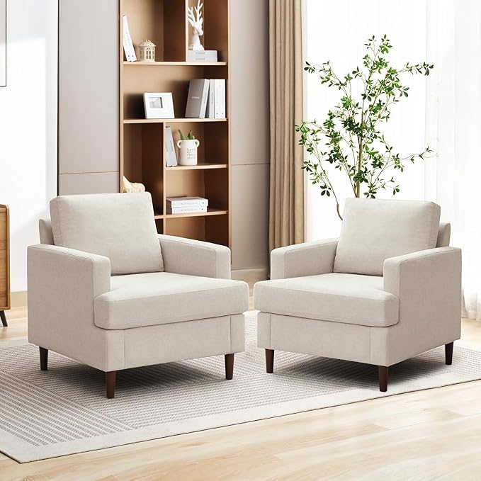 Mid-Century Accent Chair,Modern Linen Fabric Armchair for Living Room,Comfy Upholstered Reading Accent Chairs for Bedroom,Single Sofa Chair with Wood Legs (Beige, 2 Pack)-Ruum Studio Home