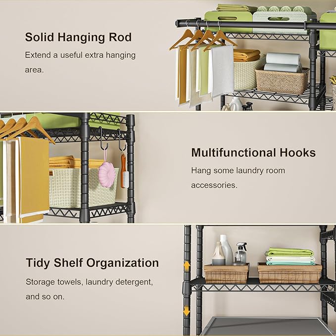 Ulif U13 Medium Over Washer and Dryer Storage Shelves, 6 Tiers Laundry Room Standing Shelf with 2 Hanger Rods, Space Saver Clothes Drying Rack, 57.8" W x 22" D x 77.4" H, Black-Ruum Studio Home