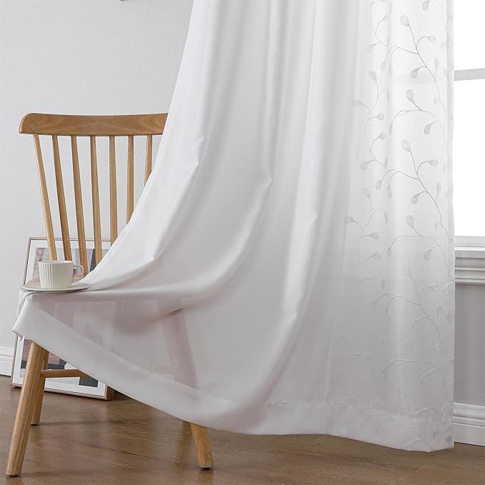 MIUCO Light Filtering Faux Linen Curtains - 63 Inch Length for Bedroom & Living Room, Pure White Floral Embroidered Solid Mix and Match, Semi Sheer Grommet Farmhouse Drapes, 2 Panels Set-Ruum Studio Home