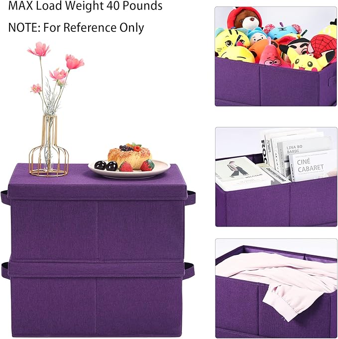 HOONEX Storage Bins with Lids for Organizing, Pack of 2, Storage Boxes with 2 Carry Handles and Sturdy Heavy Cardboard, 16.5" L x 11.8" W x 7.5" H for Shoes, Books, Clothes, Nursery, Dark Purple-Ruum Studio Home