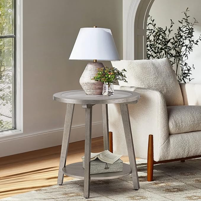 COSIEST 2-Tier End Table with Tempered Glass Top, Round MDF Side Table with Storage Shelf, Modern Wood Accent Table for Bedroom Living Room Home Office, Antique Silver-Ruum Studio Home