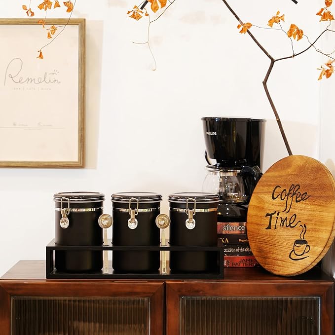 Yangbaga 3x63OZ Sugar Coffee Canisters with Shelf, 304 Stainless Steel Coffee Station Container for Ground Coffee Bean Storage with Airtight Locking Clamp&Scoop, Cereal Containers Storage for Kitchen-Ruum Studio Home