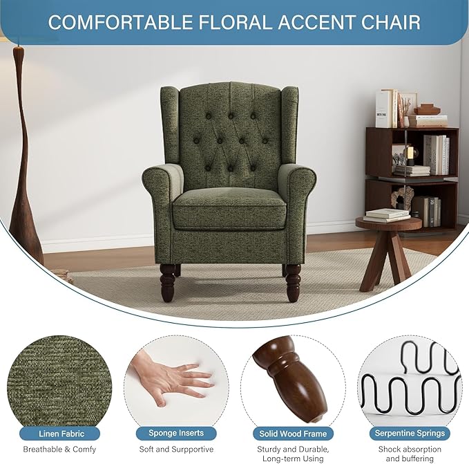 UIXE High Back Accent Chair, Upholstered Armchair in Fabric for Living Room, Retro Wingback Arm Chair Comfy Single Sofa Bedroom Reading Seat with Solid Wood Legs - Green-Ruum Studio Home
