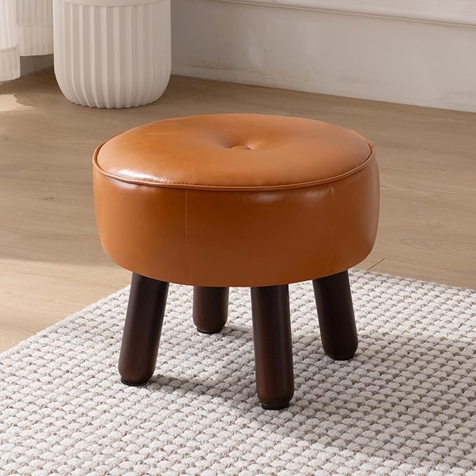 Small Foot Stool Ottoman, Round Pouf Foot Rest, Footstool Ottomans with Rubber Legs Under Desk, Faux Leather Footrest for Couch, Living Room, Bedroom, Hallway, Office, 13''L x 13''W x 10.2''H-Ruum Studio Home