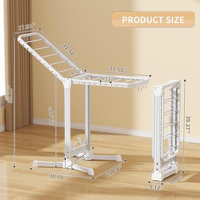 Heavy Duty Clothes Drying Rack Foldable, Aluminum Large Drying Rack Clothing with 2 Height-Adjustable Drying Wings, Laundry Racks for Drying Clothes,Easy to Fold,Indoor Outdoor Use-Ruum Studio Home
