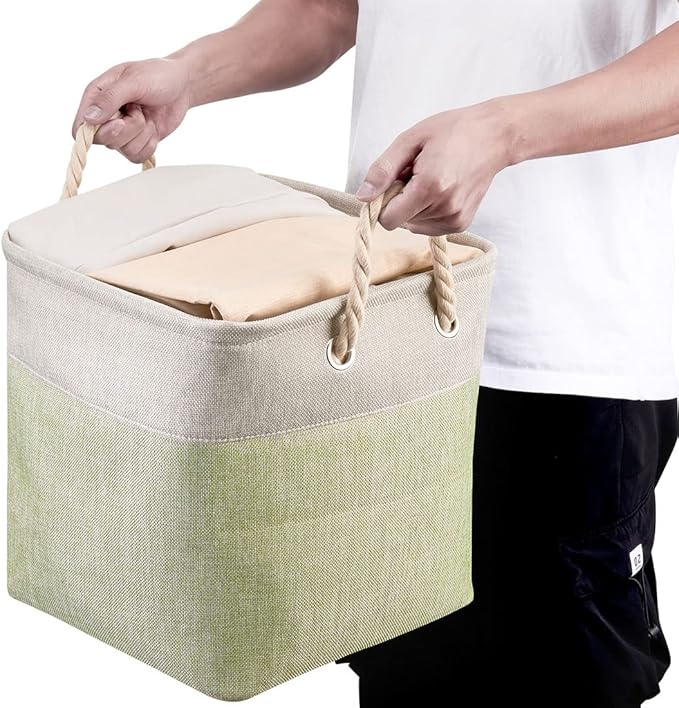 i BKGOO 3Pack Large Foldable Storage Bins，Collapsible Sturdy Cationic Fabric Organizing Storage Basket Cube with Cotton Handles for Home Office Shelf Clothes Toys Beige-Green 13×13×13 inch-Ruum Studio Home