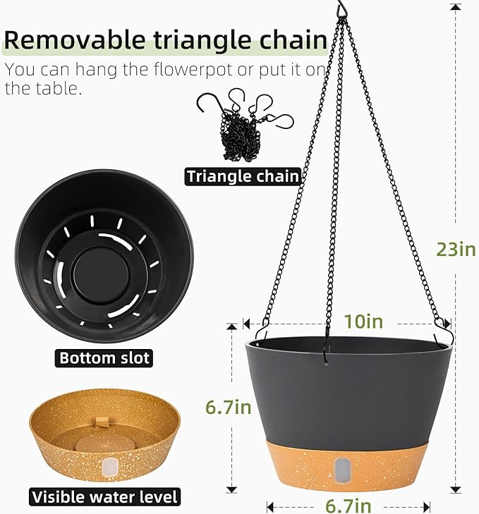 QCQHDU 2 Pack Hanging Planters for Indoor Outdoor Plants, 10 Inch Hanging Baskets Flower Pots with Reservoir Tray & Visible Water-Level-Ruum Studio Home